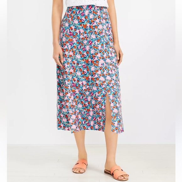 Loft Midi Slide Slit Daisy Floral Skirt Linen Blend Garden Girl Herbalist Size 8 - Picture 1 of 13